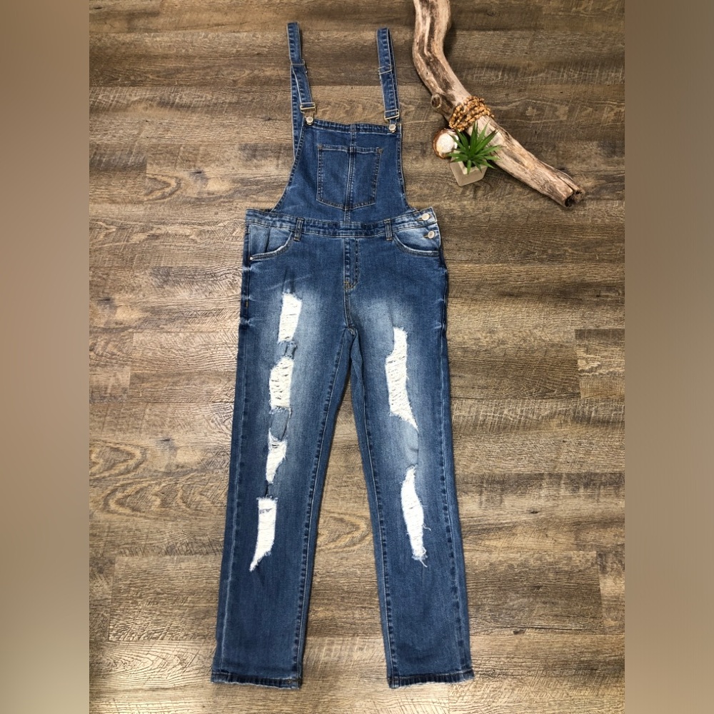 I & M Jeans Denim Distressed Overalls Size Large